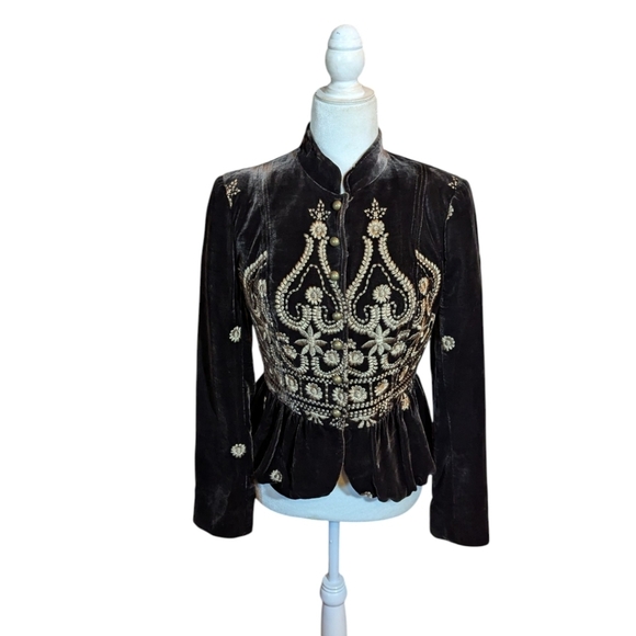 People Like Frank Anthropologie Brown Peplem Velvet Blazer Gold Embroidery Sz XS - Picture 12 of 14